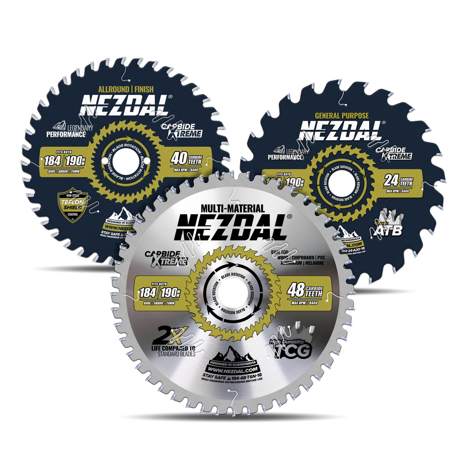 190mm Trio | 24, 48, 64T | General Purpose, Finish, Multi-Material | 30mm Arbor