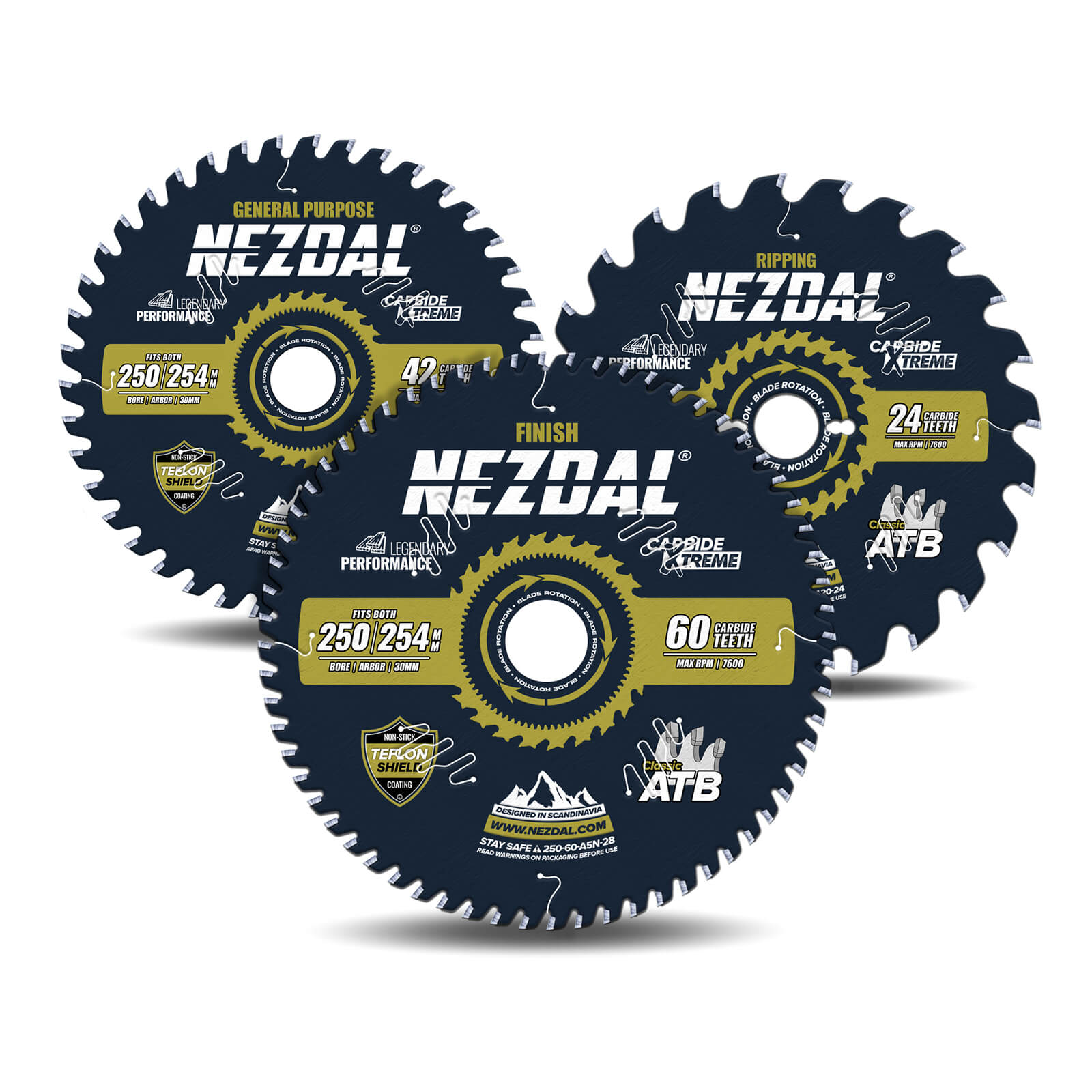 250/254mm Trio | 24, 42, 60T | Ripping, General Purpose, Finish | 2,4mm Kerf | Table Saw