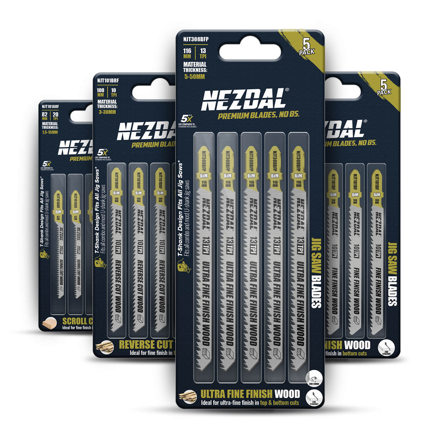 retail packaging for the 4 jig saw blade models included in the woodworkers choice pack